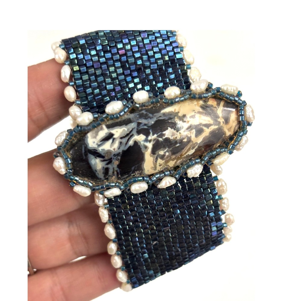 Handmade Iridescent Seed Bead Freshwater‎ Pearl Stone Bracelet Vintage